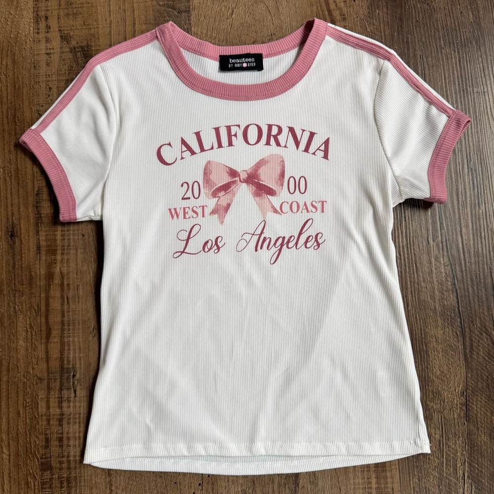 California Small Baby Tee White Pink T-shirt Short Sleeve Top Graphic Print S
